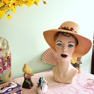 50s cappello di paglia, 40s cappello di paglia, cappello di paglia vegetale, cappello di Panama, Columbia Hat, cappello di paglia dell'annata, Therese Ahrens Hat, cappello estivo tesa larga immagine 2