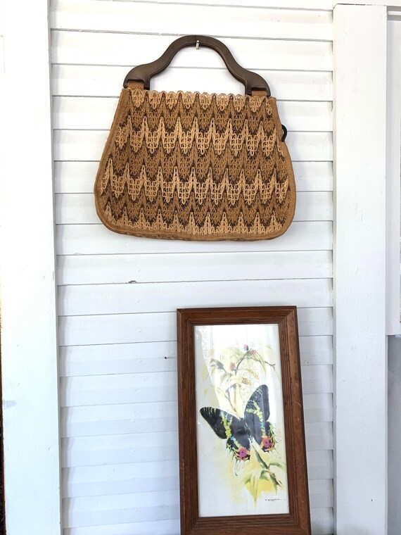 Vintage Straw Boho Bag, Wooden Handles, 79s Summe… - image 3