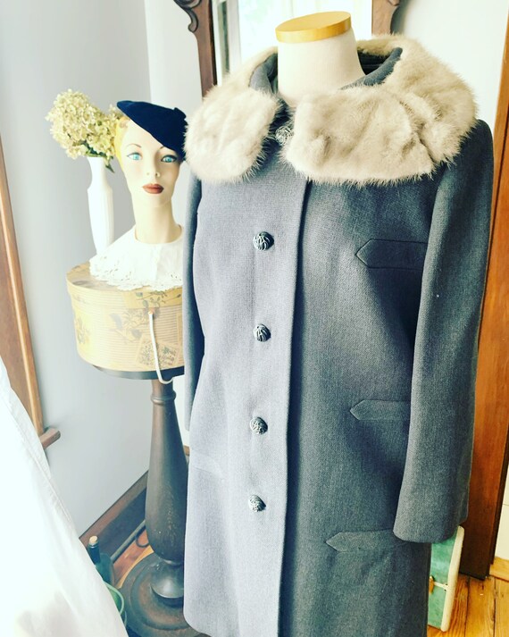 1950s Grey Silver Mink Collar Coat, 60s Grey Box … - image 3