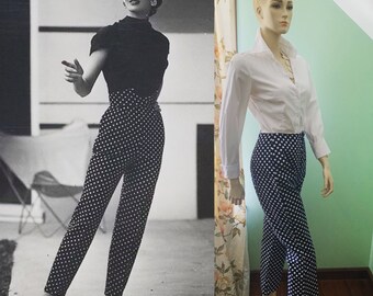 Vintage 50s 60s Cigarette Pants, Vintage Spring Pants, Vintage Summer Pants, Navy Polka Dot Pants, High Waisted, Tapered Leg, 50s Pants