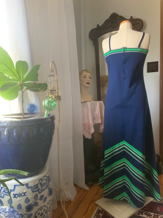 1970s Green Blue Dress, 70s Chevron Striped Dress… - image 5