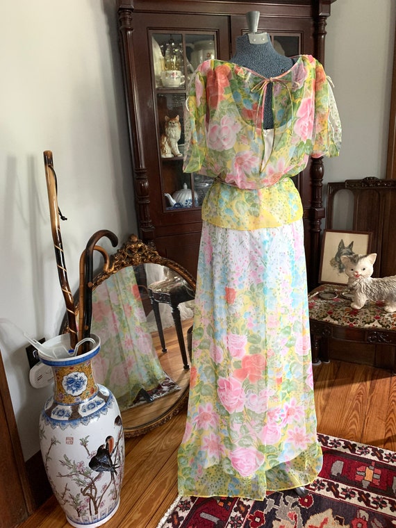 70s Boho Floral Chiffon Dress, Vintage Floral Max… - image 10