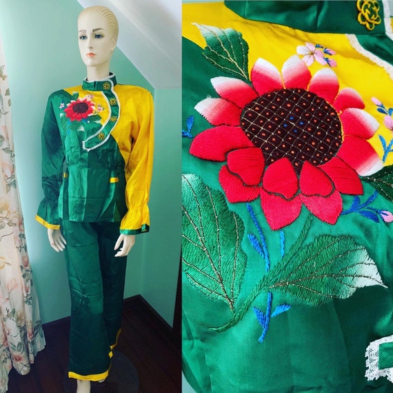 Vintage Asian Pajama Set, 50s Asian PJ Lounge Set,