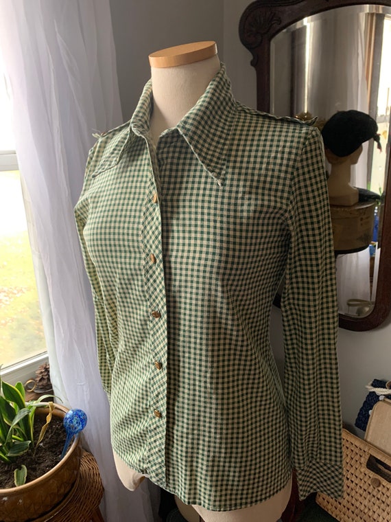 1970s Green Blouse, 70s Green Plaid Shirt, 70s Gr… - image 6