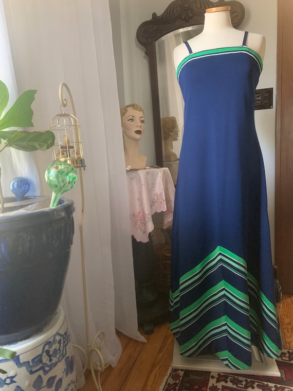 1970s Green Blue Dress, 70s Chevron Striped Dress, Nautical Dress, 70s Summer Dress, 70s Boho Dress, Maxi Dress, Size Medium Dress, Blue