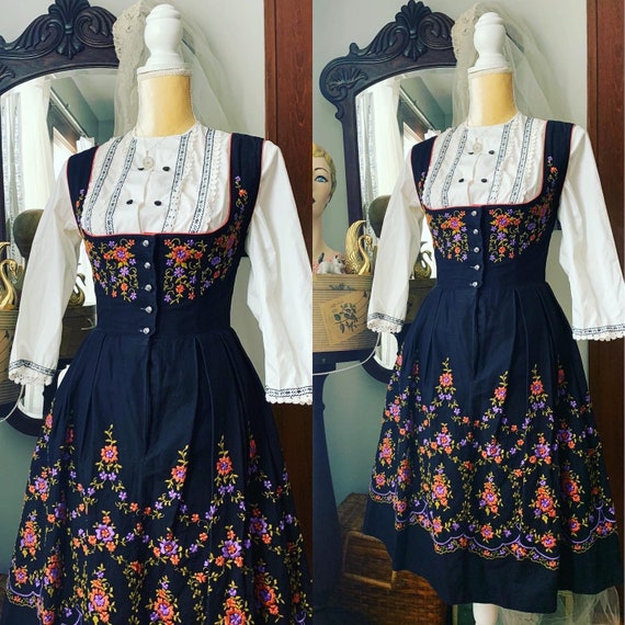 Vintage Embroidered Floral Dirndl, 50s Dirndl, 60s