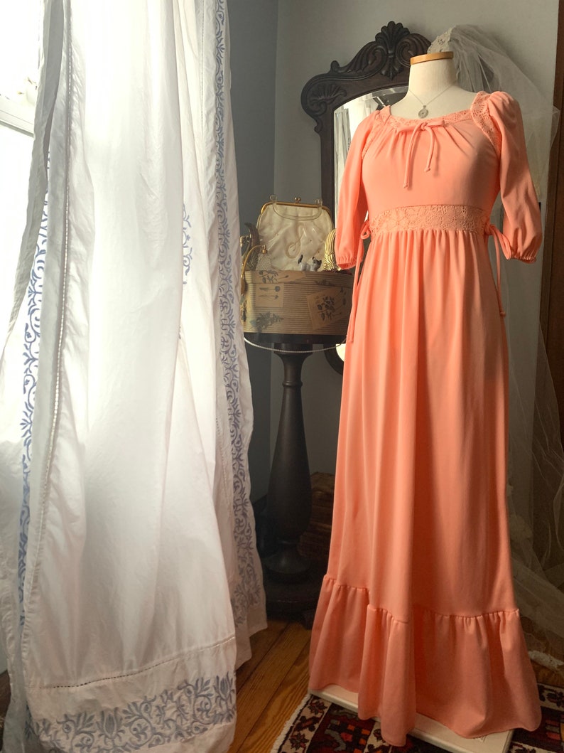 Beautiful 1970s Peach Cotton Off Shoulder Maxi Dress