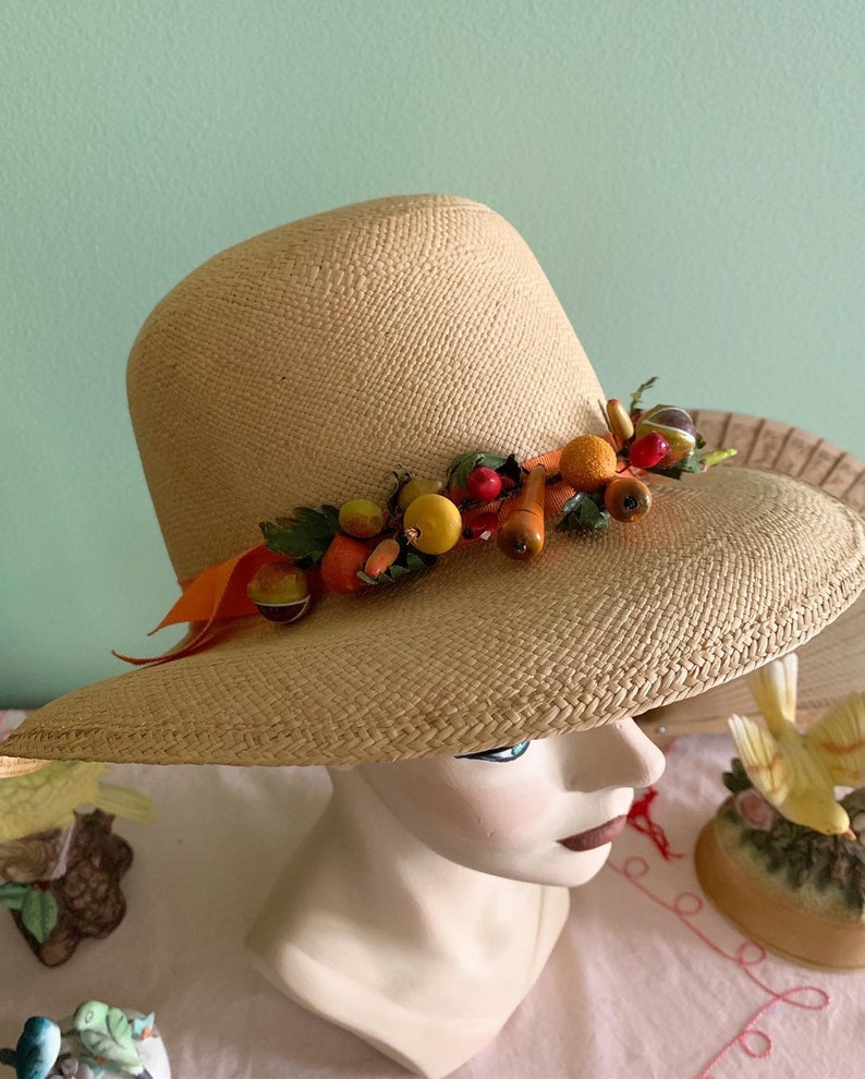 50s cappello di paglia, 40s cappello di paglia, cappello di paglia vegetale, cappello di Panama, Columbia Hat, cappello di paglia dell'annata, Therese Ahrens Hat, cappello estivo tesa larga immagine 9