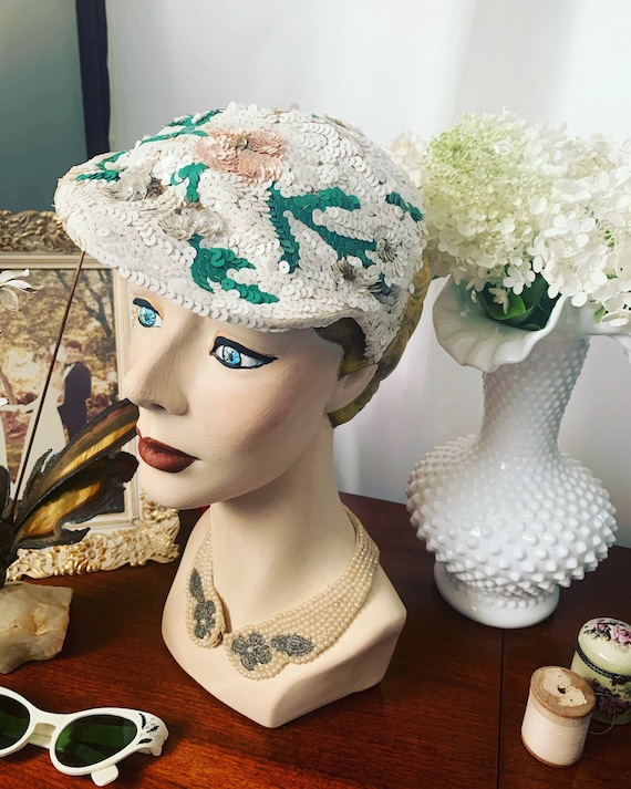 50s Sequined Visor Hat, 50s Sequined Pink Flower H