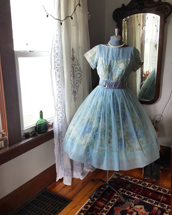 50s 50's 1950s Blue Chiffon Rose Print Dress Swee… - image 5