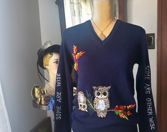 Vintage Be Wise Owl trui, jaren 1970 geborduurde uilentrui