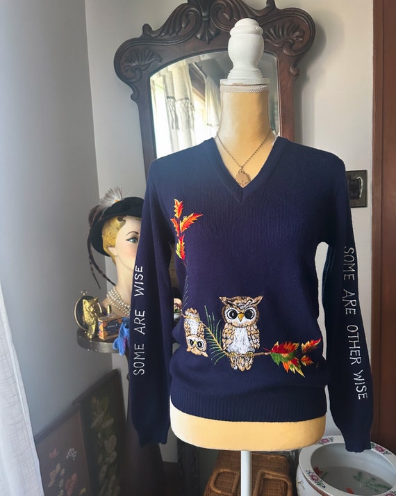 Vintage Be Wise Owl Sweater, 1970s Embroidered Owl