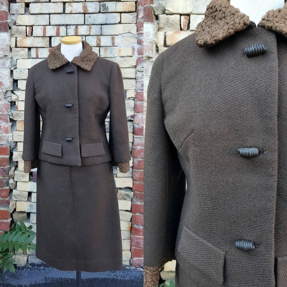 40s 50s Brown Wool Persian Lamb Wool Skirt Suit, … - image 1