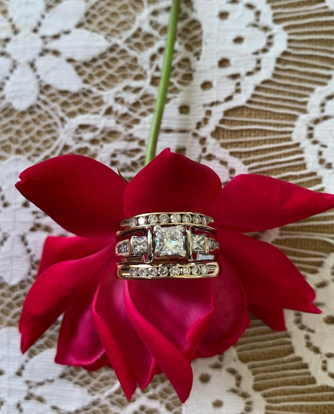 Yellow Gold Diamond Ring, Princess Cut Diamond Engagement Set, Wedding Bands, 90s Does 40s