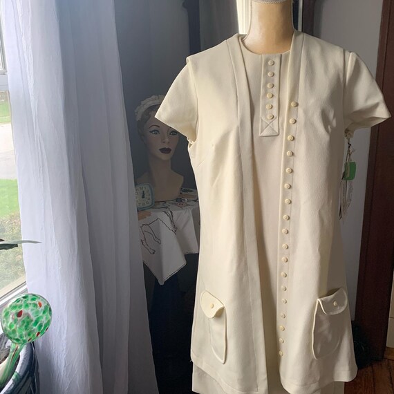 70s Dress Vest Set, 1970s Knit Ivory Dress, Sprin… - image 7
