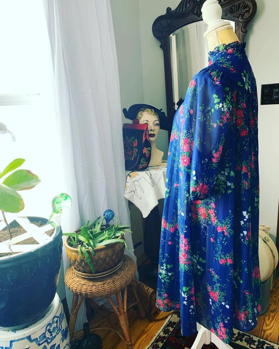 Vintage Blue Tent Dress, 1970s Blue Floral Dress,… - image 3