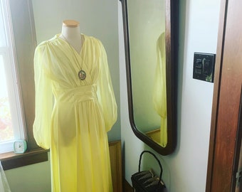 1970s Yellow Dress, 60s Yellow Dress, Boho Yellow Maxi Dress, Size Medium Dress, 70s Lemon Yellow Dress, Long Sleeves, Vintage Dress