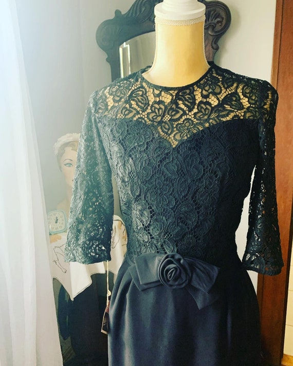 1950s Black Wiggle Dress, 60s Wellmade Black Lace… - image 3