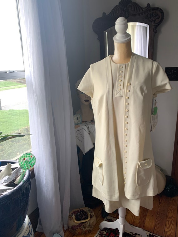 70s Dress Vest Set, 1970s Knit Ivory Dress, Sprin… - image 2
