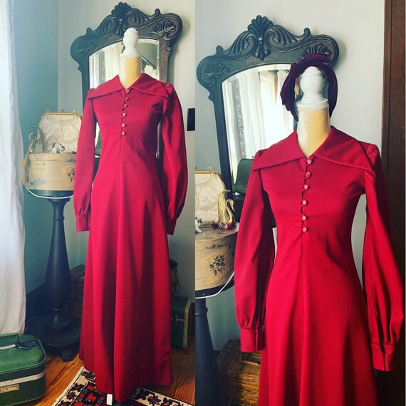 70s Berry Red Formal Dress, Vintage Red Maxi Dress