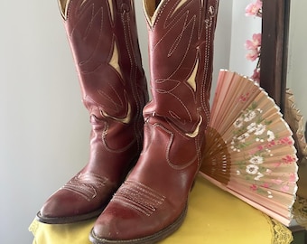 Vintage Double H Cowgirl Boots, 1970s Butterfly Cowgirl Boots, Size 8 Western Boots, 70s Red Leather Boots, Vintage Western Ladies Boots