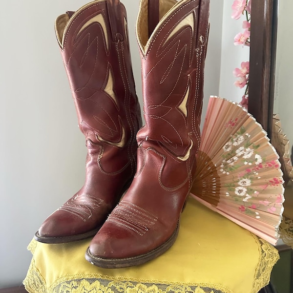 Vintage Double H Cowgirl Boots, 1970s Butterfly Cowgirl Boots, Size 8 Western Boots, 70s Red Leather Boots, Vintage Western Ladies Boots