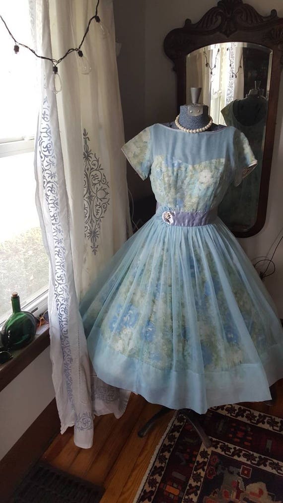 50s 50's 1950s Blue Chiffon Rose Print Dress Swee… - image 6