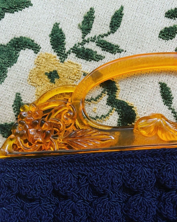 40s Blue Lucite Handle Purse, 40s Crochet Handbag… - image 9