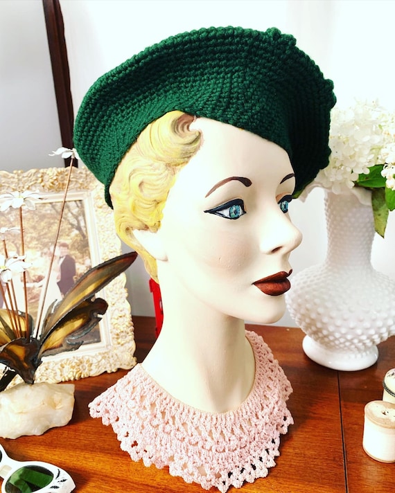 40s Green Knitted Beret, Vintage Hand Knitted Bere