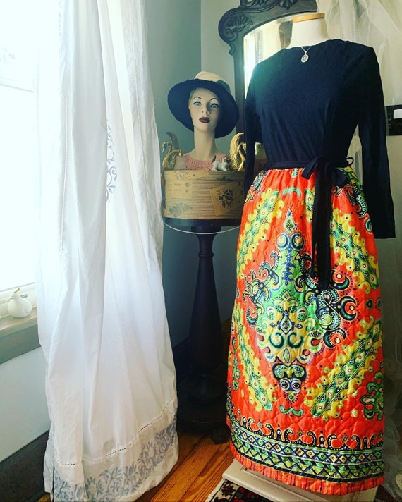 70s Quilted Dress, Vintage Psychedelic Dress, Vint