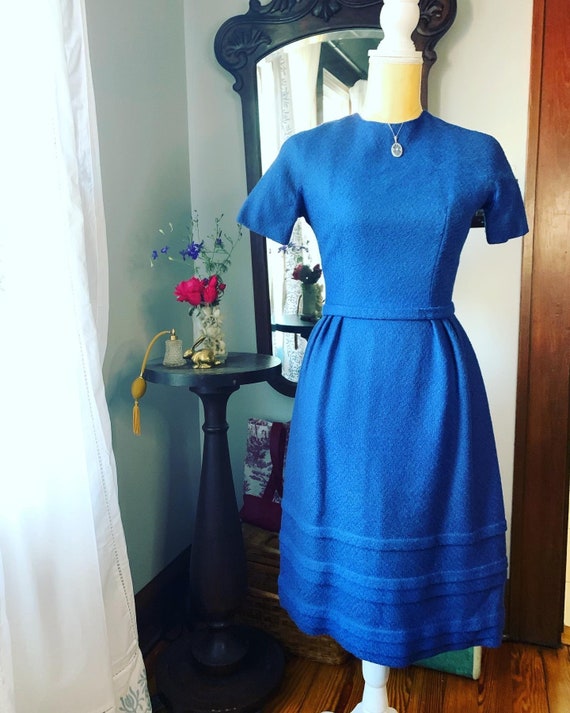 50s Blue Wool Lanz Dress, 50s Blue Winter Dress, V