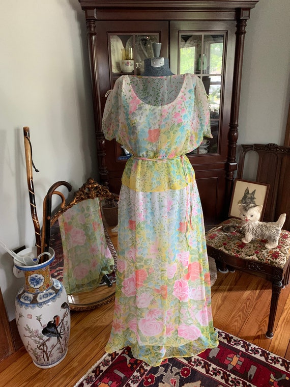 70s Boho Floral Chiffon Dress, Vintage Floral Max… - image 3