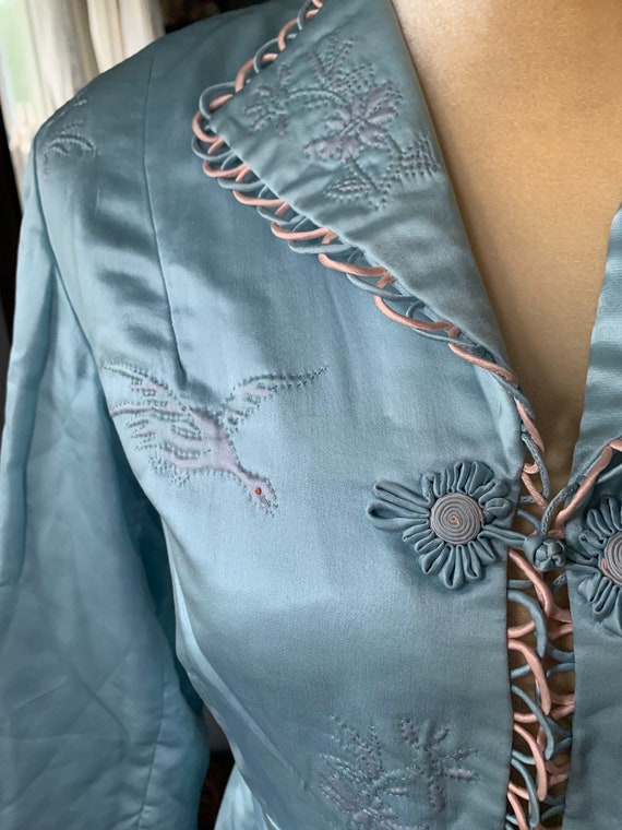 40s Blue Silk Embroidered Crane Robe, 40s Blue As… - image 6