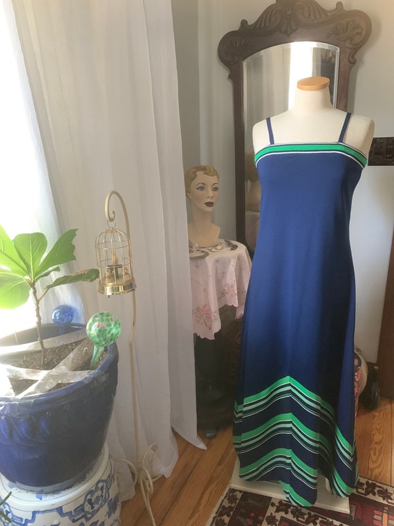 1970s Green Blue Dress, 70s Chevron Striped Dress… - image 8