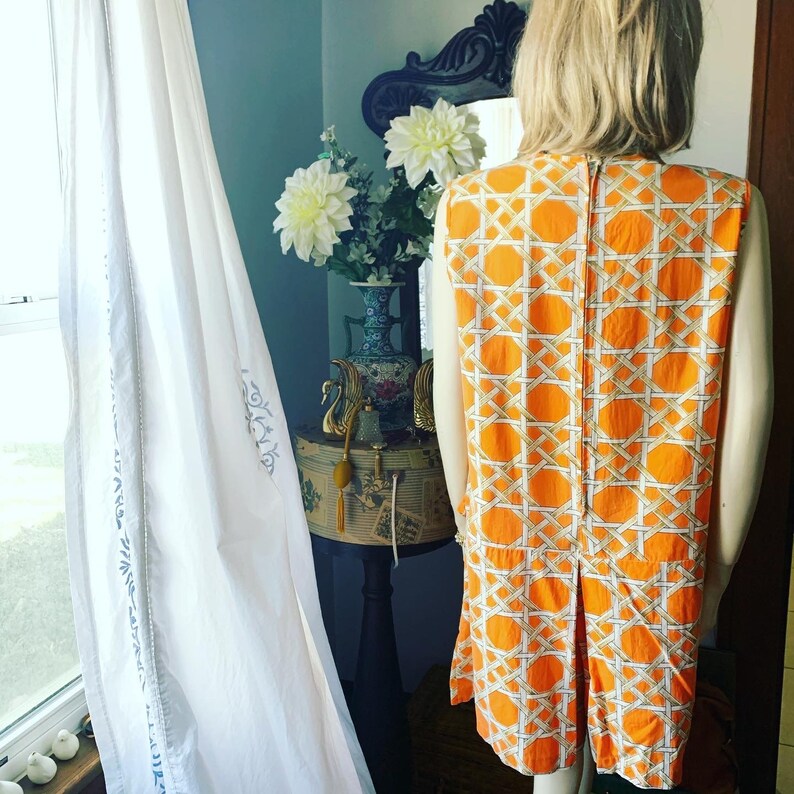 Vintage Orange Romper Shorts, 60s Orange Skorts, 60s Orange Lattice Print Dress, Size Large Romper, 60s Jumpsuit, Summer Dress image 4