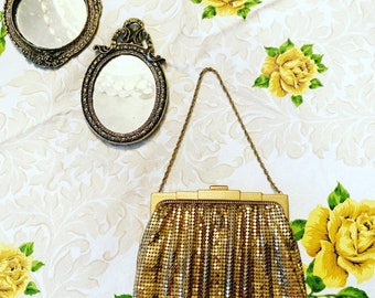 Vintage Gold Mesh Purse, Flapper 20s Handbag, Evening Bridal Purse, Bridal Clutch, Wedding Purse, Antique Purse, Gold Mesh Handbag, Wedding