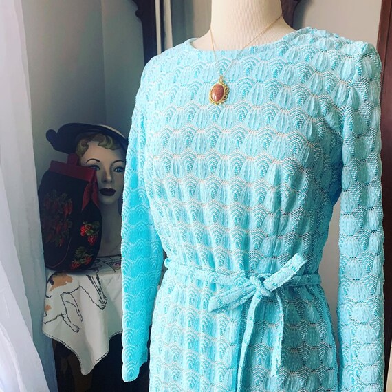 Vintage Blue Puffed Crochet Dress, 1970s Aqua Blu… - image 8