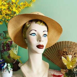 50s cappello di paglia, 40s cappello di paglia, cappello di paglia vegetale, cappello di Panama, Columbia Hat, cappello di paglia dell'annata, Therese Ahrens Hat, cappello estivo tesa larga immagine 7