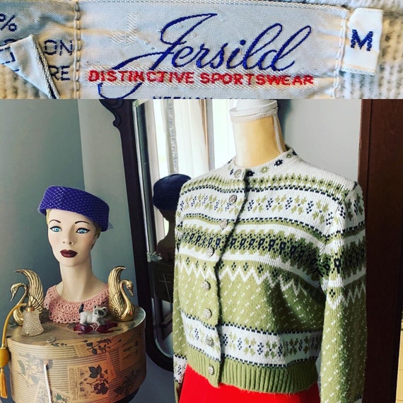 60s Vintage Fair Isle Cardigan, Vintage Green Jers