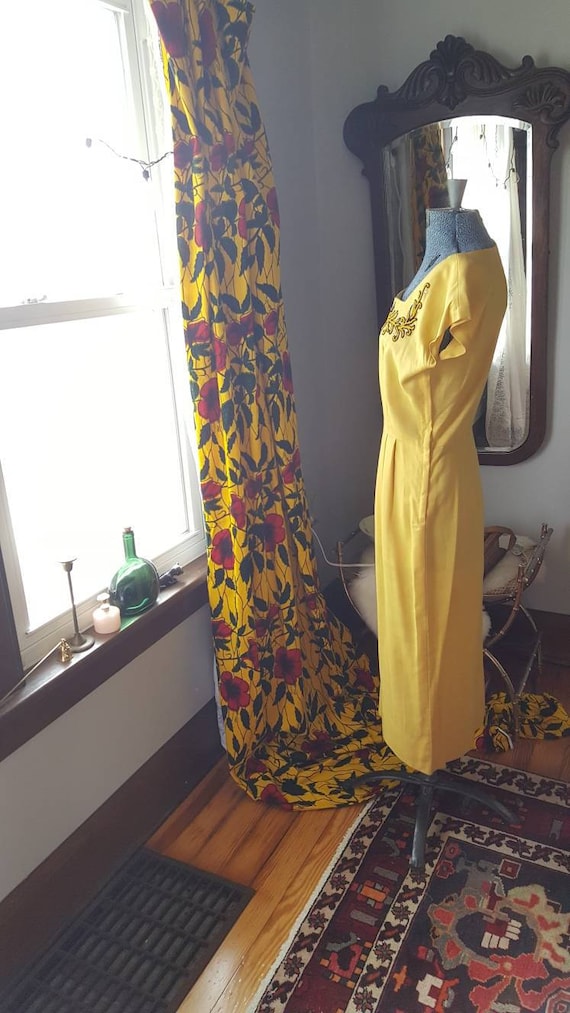 40s Vintage Yellow Navy Blue Dress Set, 50s Linen… - image 5