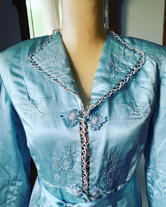 40s Blue Silk Embroidered Crane Robe, 40s Blue As… - image 2