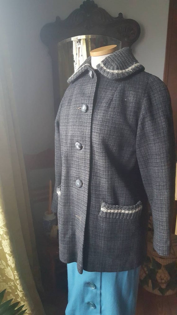 50s Grey Wool Plaid Coat, 1950s Grey Wool Coat, 4… - image 4