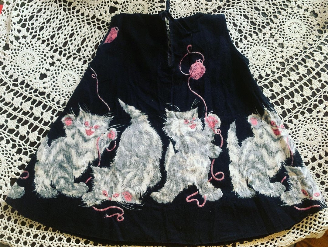 1950s Grey Kitten Dress, Vintage Grey Kittens Dress, 50s Cat Dress