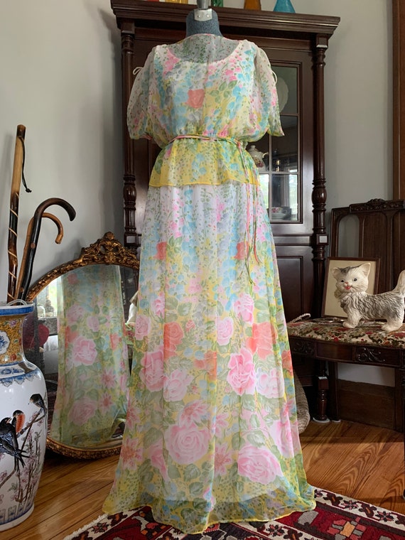 70s Boho Floral Chiffon Dress, Vintage Floral Max… - image 6
