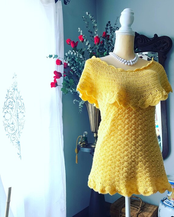 Vintage Yellow Crochet Blouse, Vintage Handmade C… - image 1