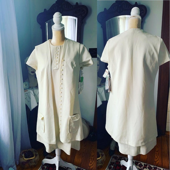 70s Dress Vest Set, 1970s Knit Ivory Dress, Sprin… - image 10