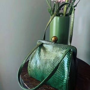 Vintage Grüne Schlangenleder Geldbörse, 1950er Cobra Schlangenleder Handtasche, Queen Originals Schlangenleder Geldbörse, einzigartige Vintage
