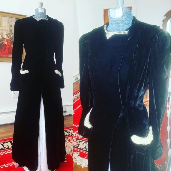 1930s Black Silk Velvet Coat, 30s Velvet Opera Co… - image 1