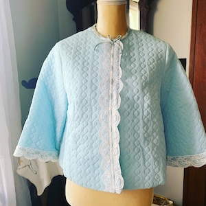 1960s Blue Nylon Quilted Bed Jacket, 50s Blue Quilted Bed Jacket, Vintage Bed Jacket, Size Small Bed Jacket, 60s Blue Robe, 60s Sleepwear