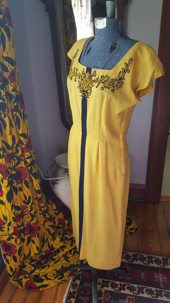 40s Vintage Yellow Navy Blue Dress Set, 50s Linen… - image 9